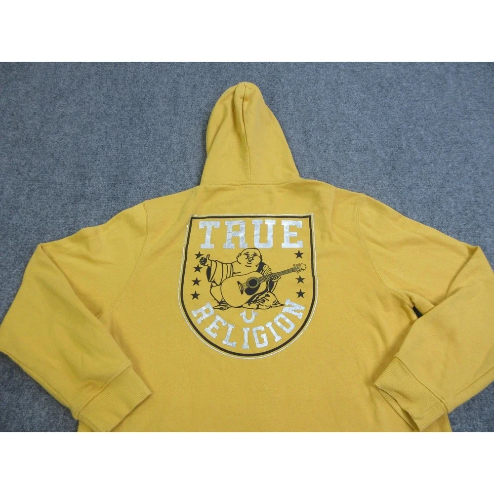 True Religion Hoodie Mens 2XL Yellow Full Zip Fleece Sweatshirt Buddha Star